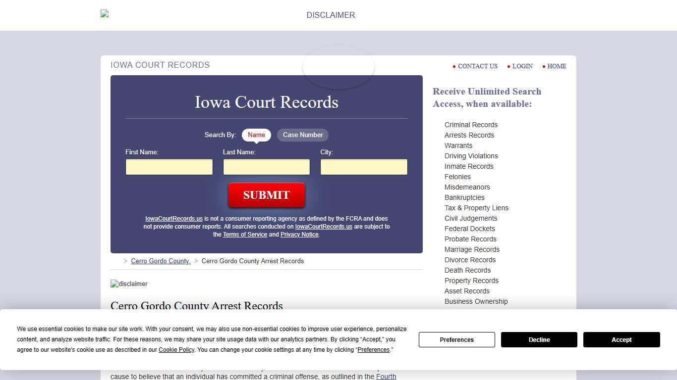 Cerro Gordo County Arrest Records IowaCourtRecords.us